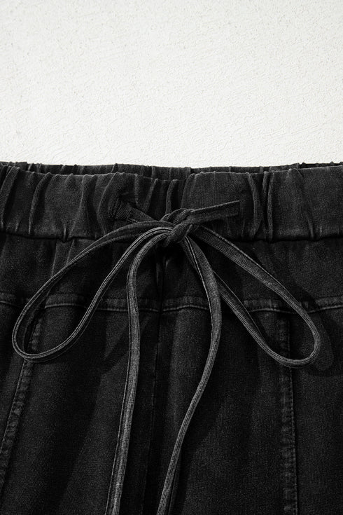 High Waist Mineral Wash Exposed Seam Drawstring Wide Leg Pants